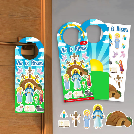 12pcs DIY Easter Stickers & Hanging Signs – "He is Risen" Theme